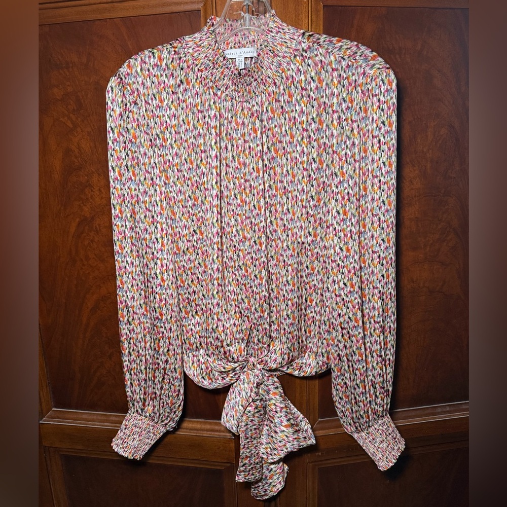 Maison d'Amelie Paris Long Sleeve Mock Neck Multicolored Tie Waist Blouse Small